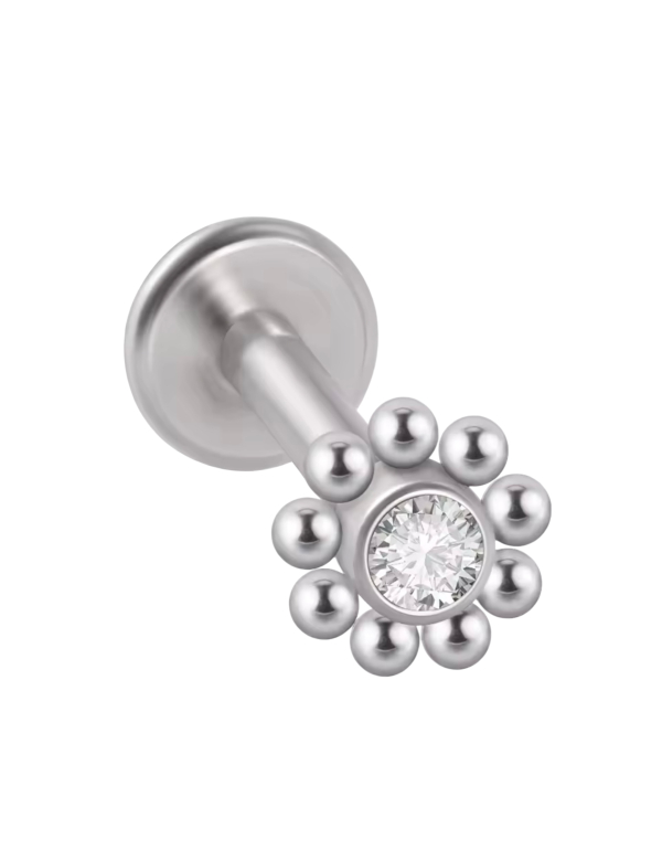 Labret Piercing Zilverkleurig Bloem met steentje 6x1.2